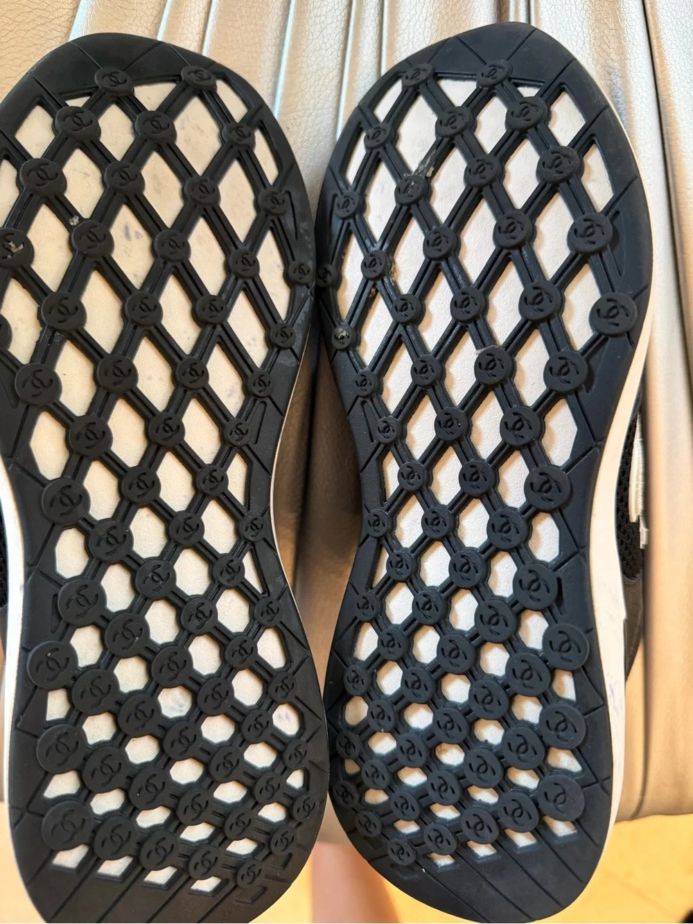 CHANEL m Black Mesh & Leather Logo Trainer with White Accents